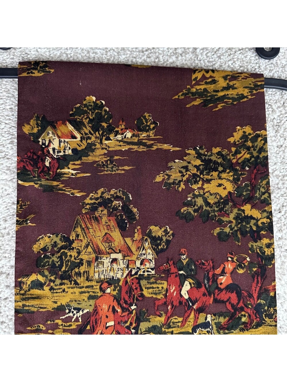 Vintage Nick & Nora Scarf Fox Hunt Toile Horse Hound Fringe Rayon 90s